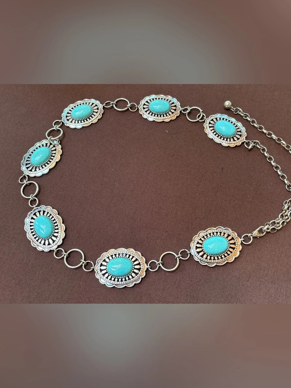 White Leather Western Belt with Turquoise Concho Chain Belt - Picture 2 of 6